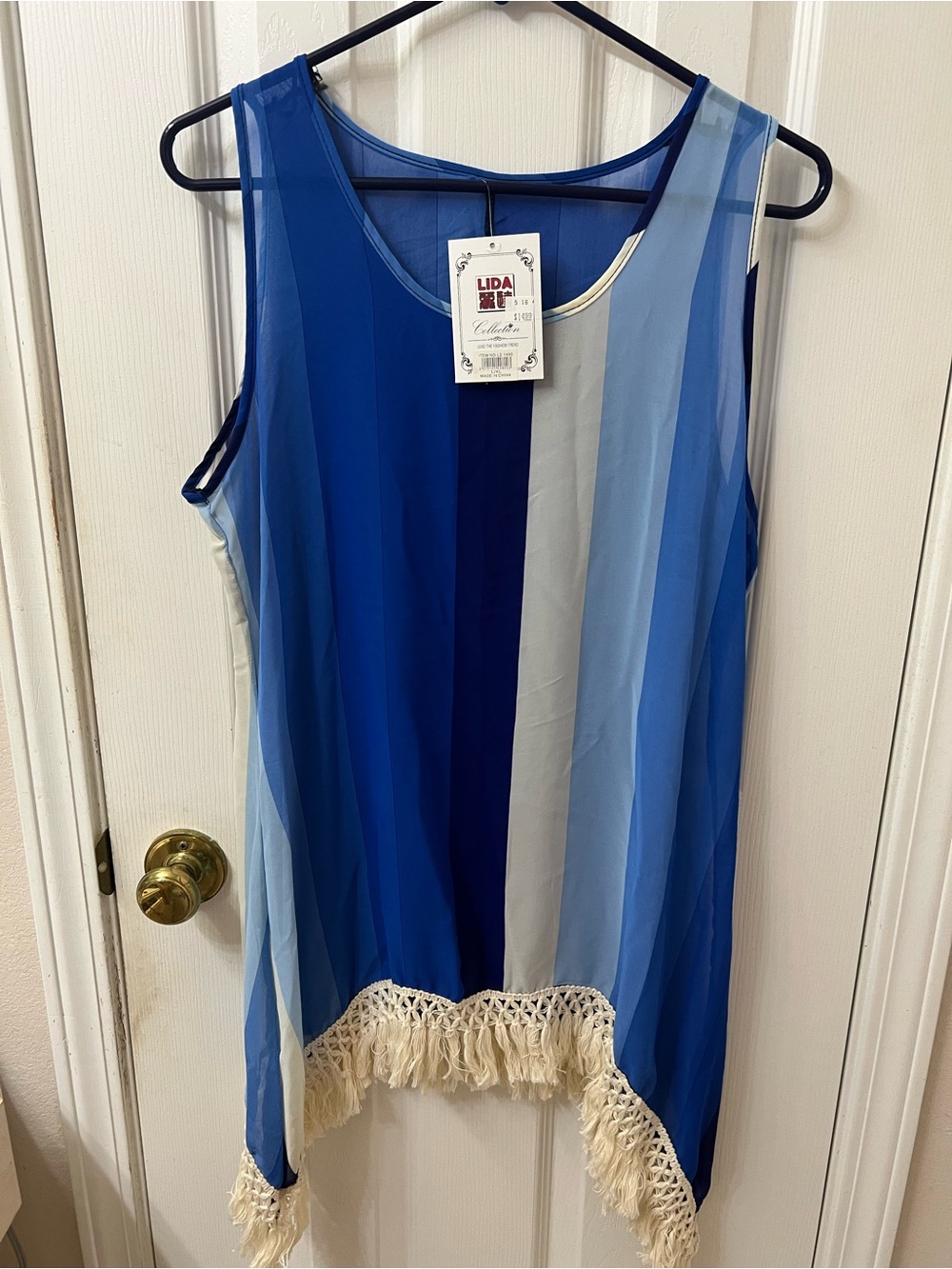 (NWT) Lida Collection Blue Striped Sleeveless Tunic with Fringe Hem